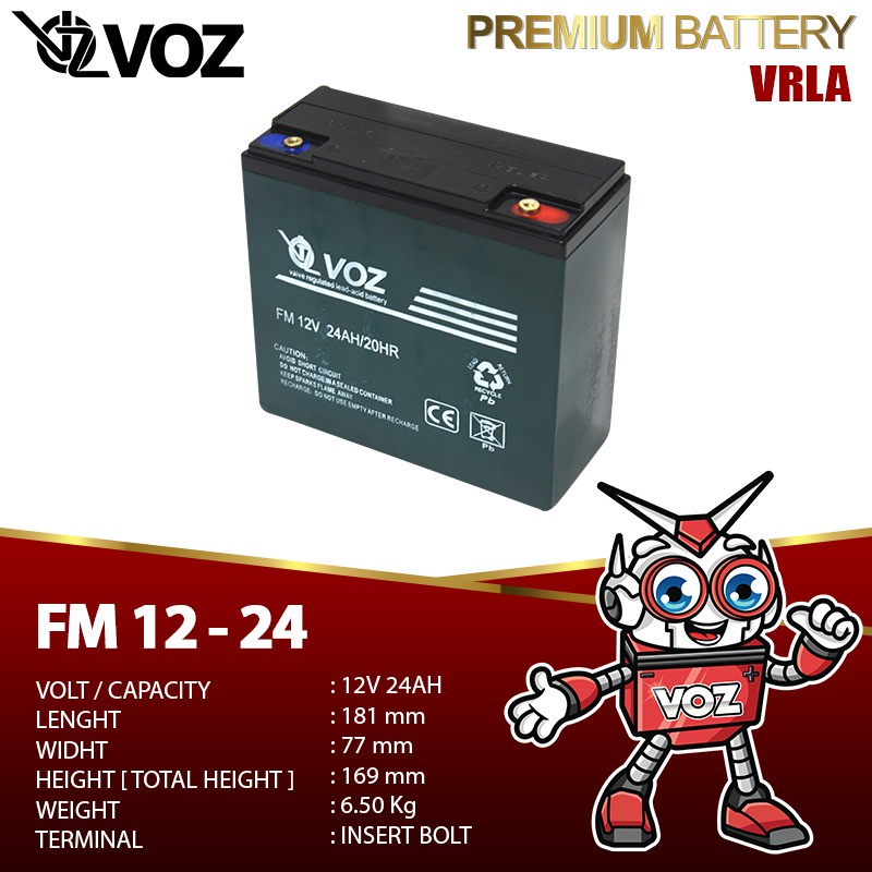 Aki Selis VOZ 12V 24AH Aki Sepeda Listrik Baterai Aki Motor Listrik