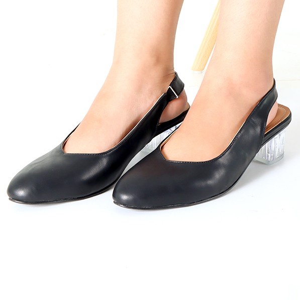 Sepatu Wanita Hak Kaca Slingback Kulit Hitam BIG SIZE 41-42-43-44-45 Mules Heels bustong cewe ukuran jumbo