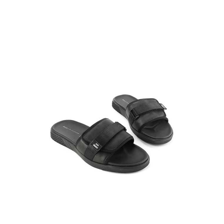 SANDAL SLIDE KULIT ANDRE VALENTINO PRIA ORIGINAL CASUAL HITAM AVM25