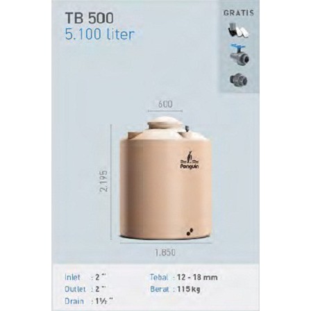 Tangki Air / Tandon / Toren merk Penguin tipe TB 500 (5100L)