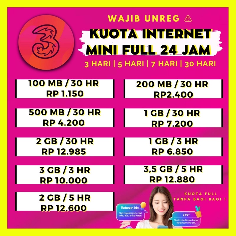 PROMO KUOTA TRI PAKET DATA 3 THREE MINI 100MB 200MB 300MB 400MB 500MB 600MB 700MB 1GB FULL 24 JAM MU