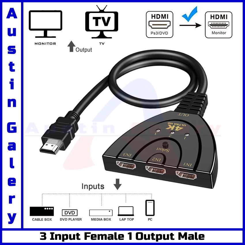 HDMI Switch 3 Input 1 Output Full HD1080P TO 4K UltraHD Untuk HDTV PC Laptop X BOX