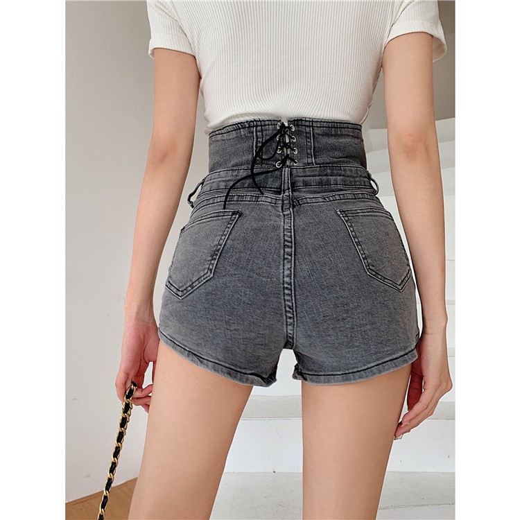 Retro Peregangan Pinggang Tinggi Celana Pendek Denim Wanita Baru Dicuci Slim Fit Slimming Hot Hip Ce