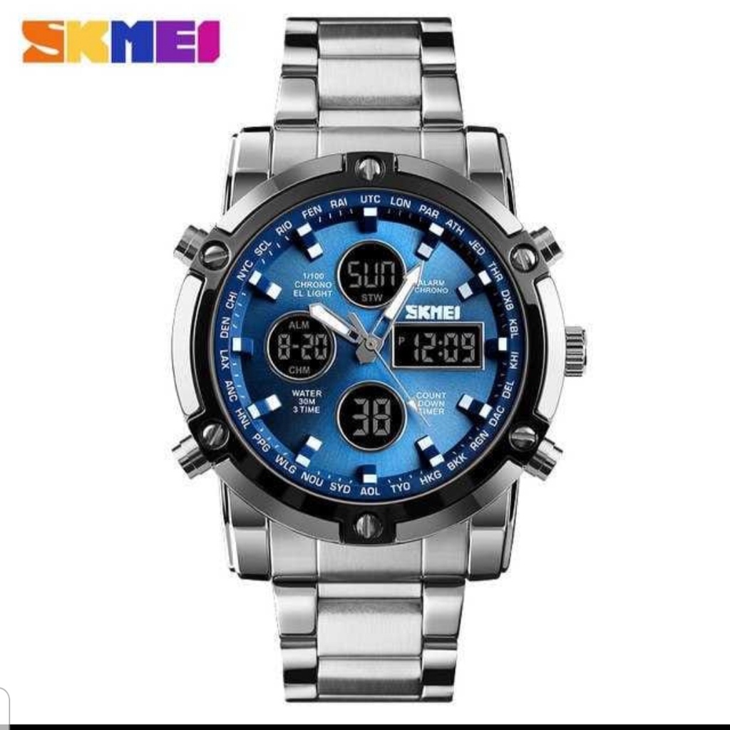 JAM TANGAN PRIA RANTAI SKMEI DUAL TIME TYPE 1389/JAM TANGAN PRIA STAINLESSTEEL/SKMEI 1389/SKMEI 1389 Jam Tangan Pria Digital Analog Tali Stenlis