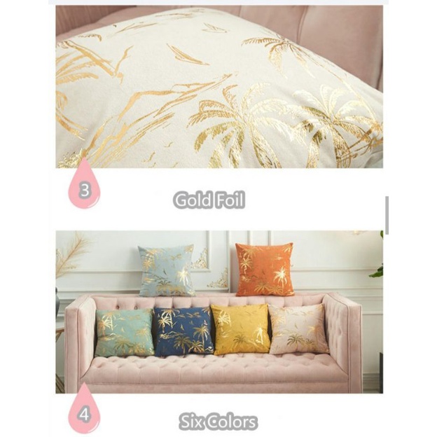 Cushion Cover Velvet Gold Print Sarung Bantal Sofa 45x45 cm Beludru Emas Tebal Tropical Style Premium Mewah Impor