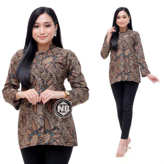 tey-17 Batik wanita ASJ SA HRB026 Kenongo Kemeja Tosca Pendek-kancing Daun ceplok