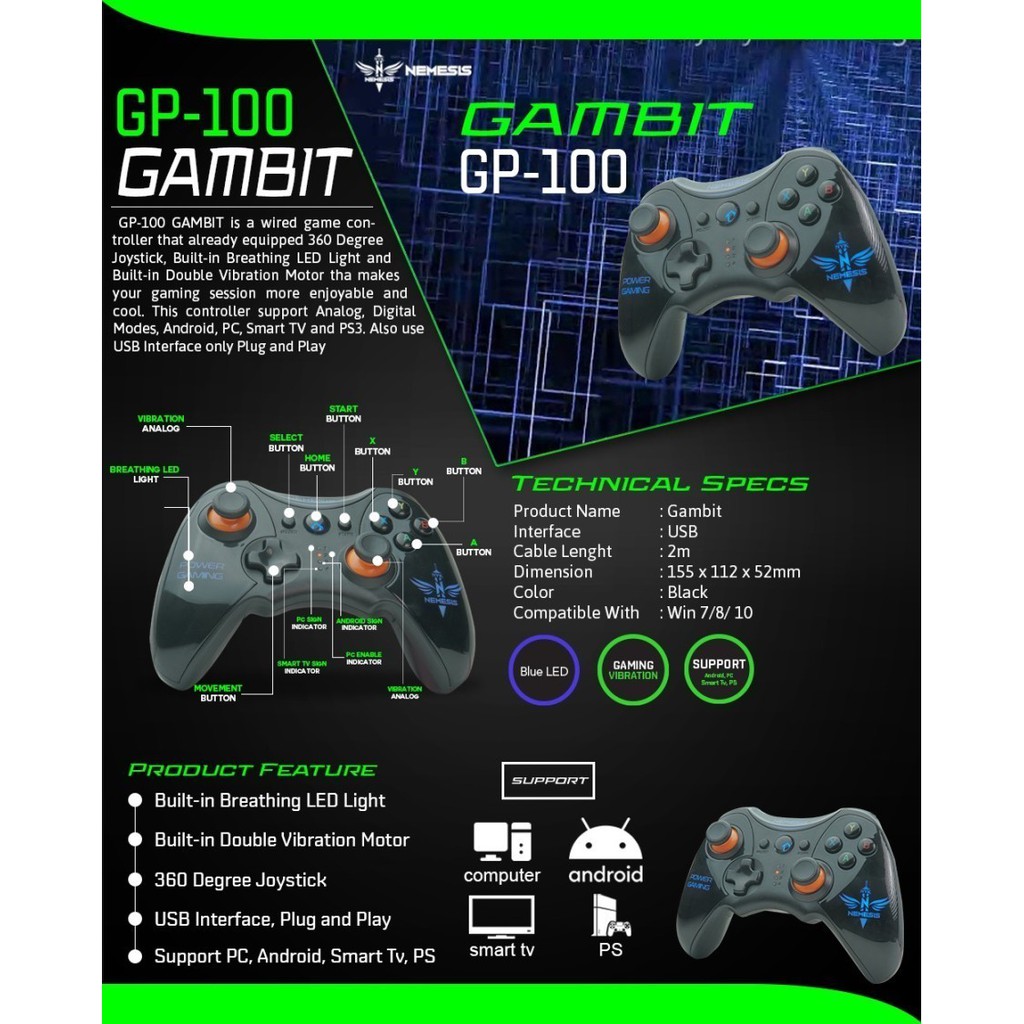 NYK Gambit GP-100 GP100 Stick Gaming Gamepad Controler USB PC Joystick