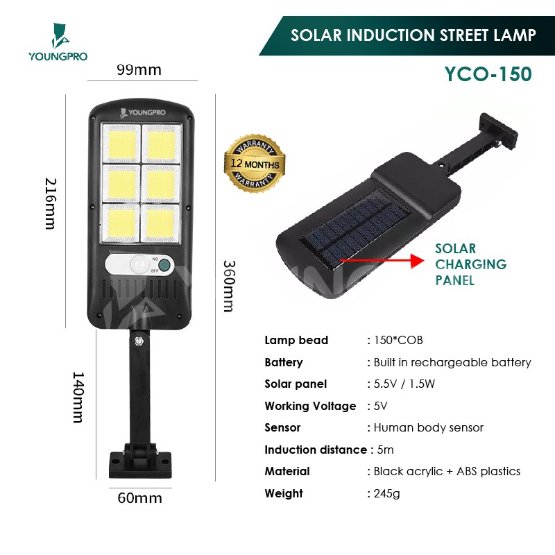 Youngpro YCO150 Lampu Jalan Led Hemat Energi Rechargeable Solar Panel Outdoor Bergaransi 12 Bulan