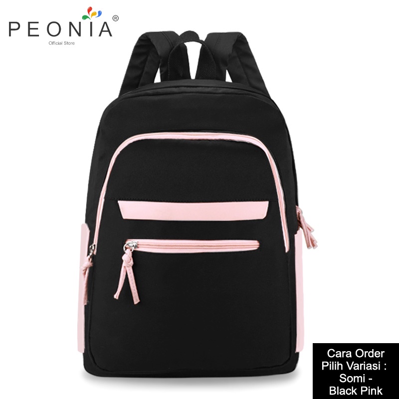 Peonia PNA SOMI Ransel Korea Tas Wanita Laptop Punggung Import Kantor Kerja Sekolah Kuliah Outdoor Trendy Fashion Style Travel Casual Backpack Anak Remaja Perempuan Selempang Cewek Bag-Black Pink