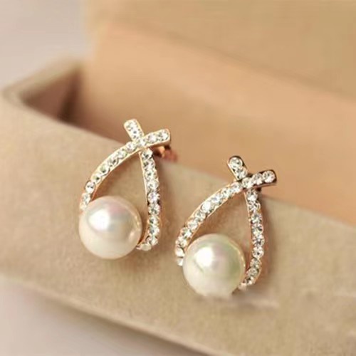 E42 Anting Wanita Stud  Anting Mutiara Permata Silang Gaya Korea Import