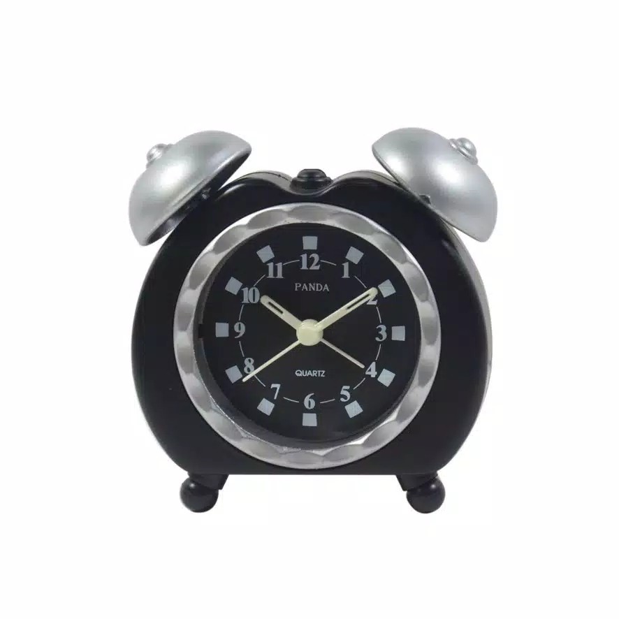 Jam Meja Weker Minimalis Design Hitam Silver 10 cm Free Baterai