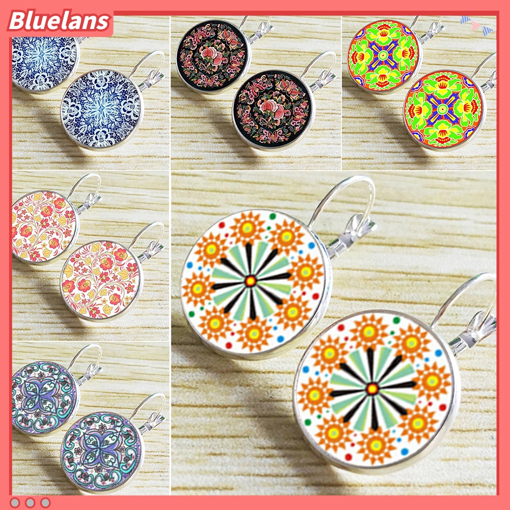 Bluelans Anting Klip Bentuk Bulat Motif Bunga Mandala Gaya Retro Untuk Wanita