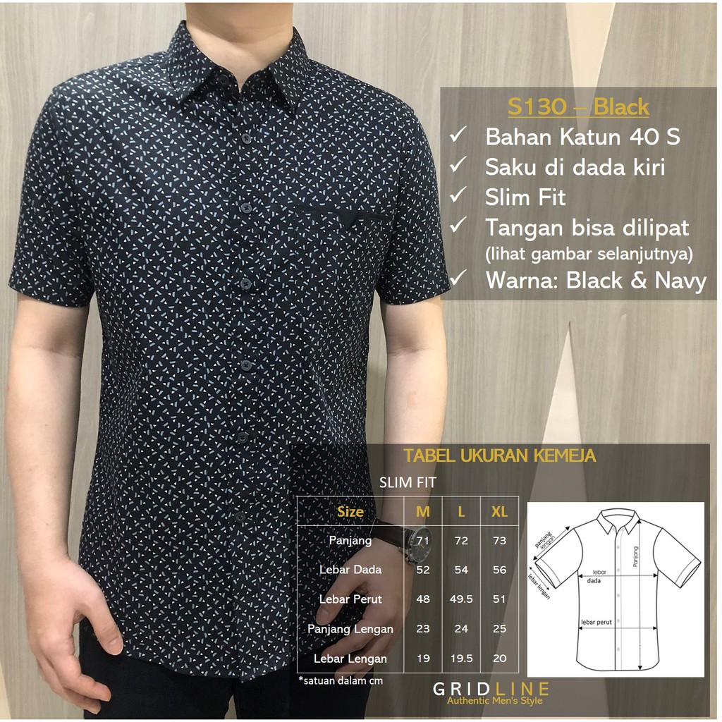 [GRIDLINE - S325 Splash Navy &amp; Black - S130 Black &amp; Navy] Kemeja Pria Lengan Pendek Slimfit Katun Motif Simpel