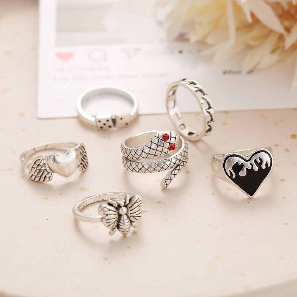 Retro Women Pearl Gold Silver Ring Set Butterfly Love Heart Finger Rings Fashion Resin Ring Jewelry Accessories