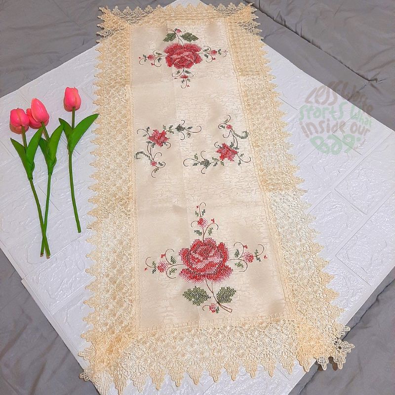 Taplak Meja Tamu Sulam Strimin Renda 40x90 cm Table Runner Vintage Table Cloth Cross Stitch