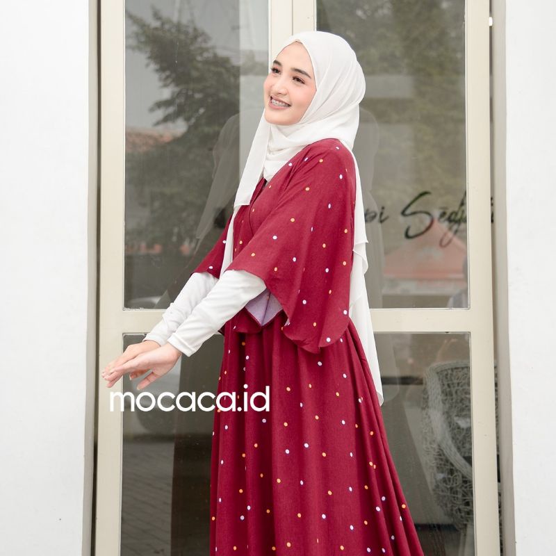 Dress Bahan Rayon Model Unik polkadot maroon polka kimono batwing lengan terompet tali pinggang