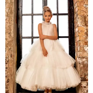 Gaun anak -Tulle Putih Panjang Lantai Pernikahan Bunga Gadis Gaun Anak Gaun Pesta