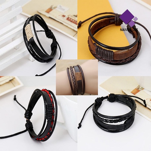 Naiveblue &gt; Gelang Bangle Kulit Pu Multisusun Gaya Vintage Retro Untuk Unisex