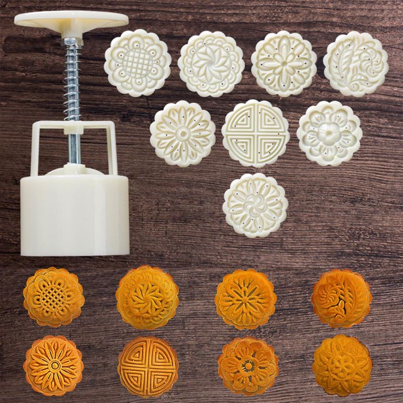 Mooncake Hand Pressure Pastry Mould,DIY Baking Tool Mid-autumn Festival 75g Hand Press Mooncake Mold 8 Pcs Round Stamps 
