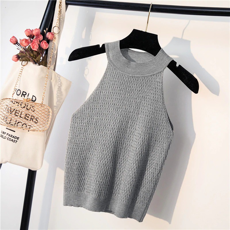 Korean Halter Tank Top Atasan Wanita Rajut C205-Grey