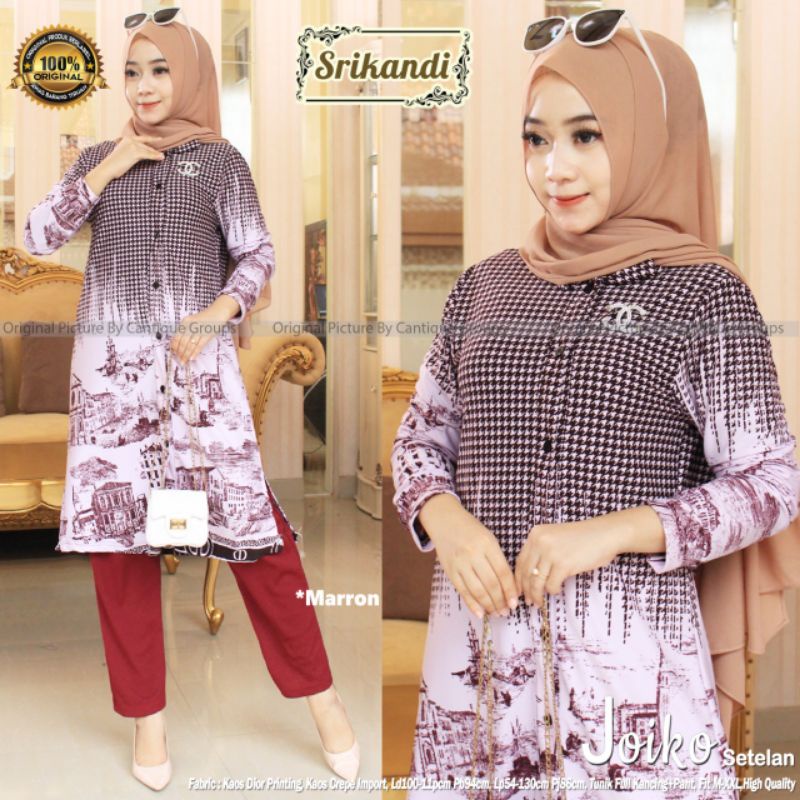 Joiko Setelqn Pakaian Wanita Setelan Tunik + Pant Fab Kaos Dior Printing Kaos Crepe Import