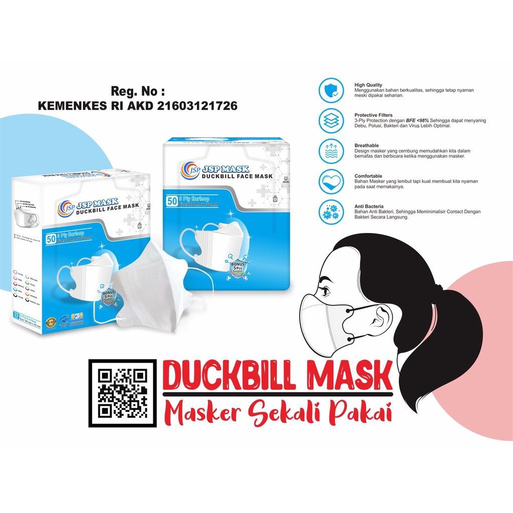 MASKER DUCKBILL JSP MASK BOX ISI 50 ORIGINAL EARLOOP KONEKTOR