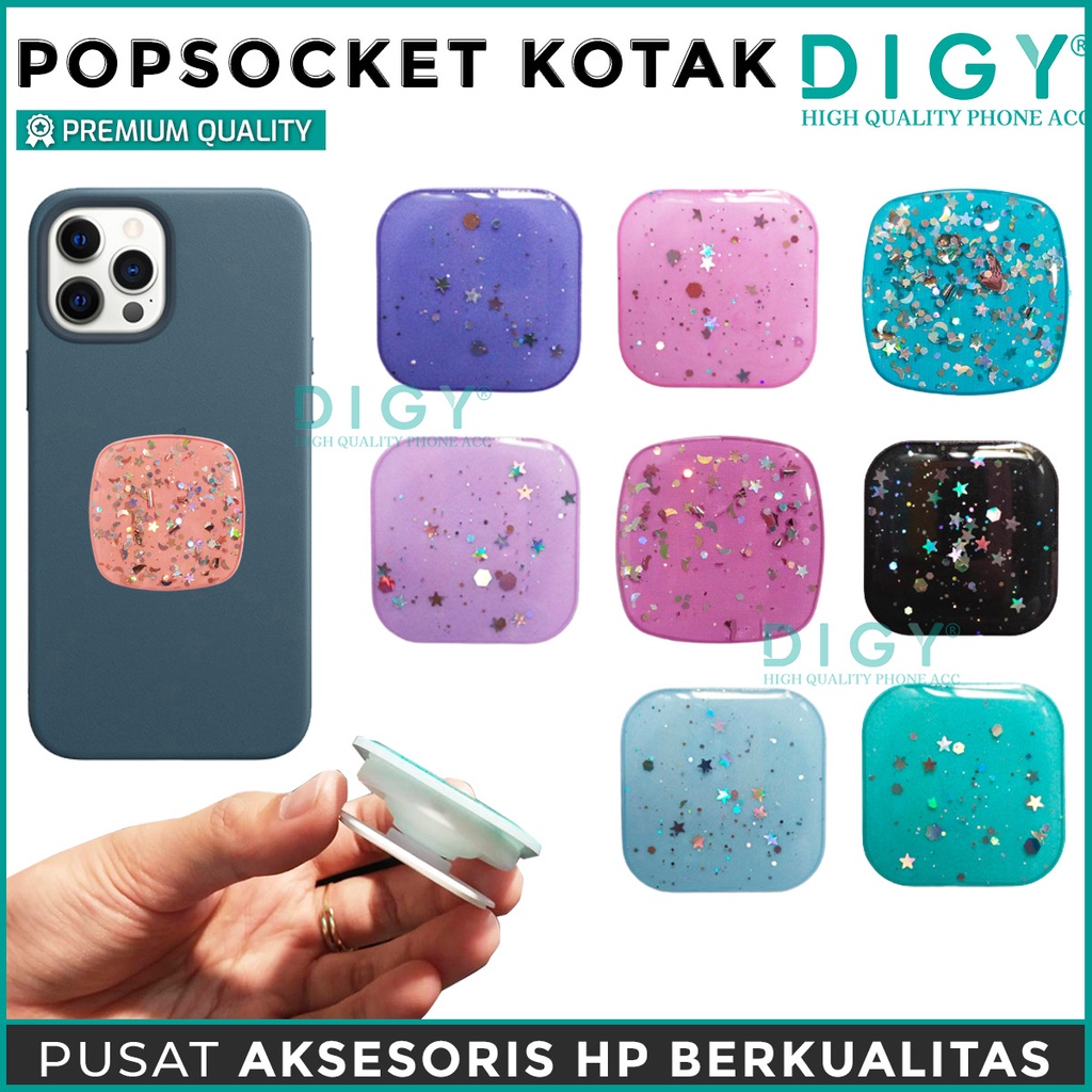 Popsocket Glitter kotak / ring stand hp quality import Pop Socket Hp Motif polos holder kotak hp / pegangan hp / standing socket