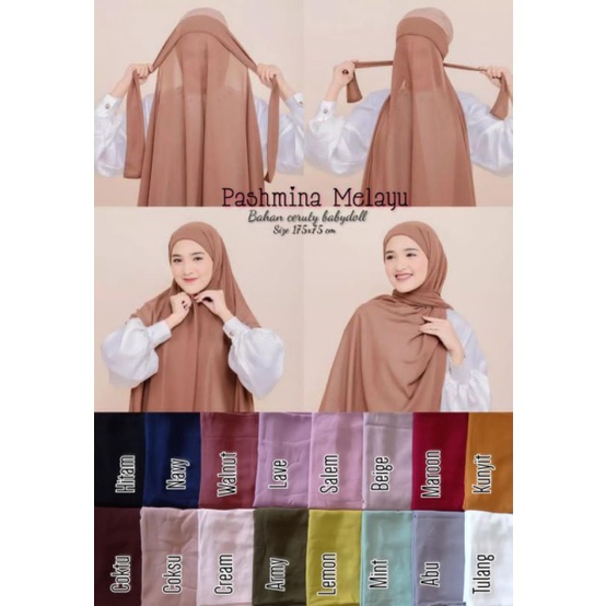 Kerudung Pashmina Melayu Pasmina Inner Tali Belakang Ceruty Babydoll Ukuran 175×75 Merek Alinjaya