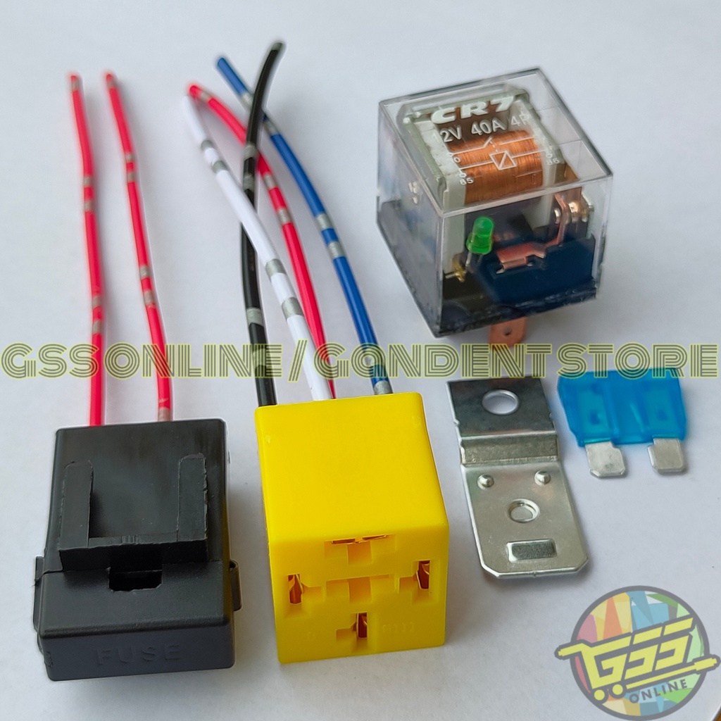 Paket lengkap Relay CR7 original 12v 30a kaki 4 socket relay kaki 4 dan rumah sekring kabel kecil