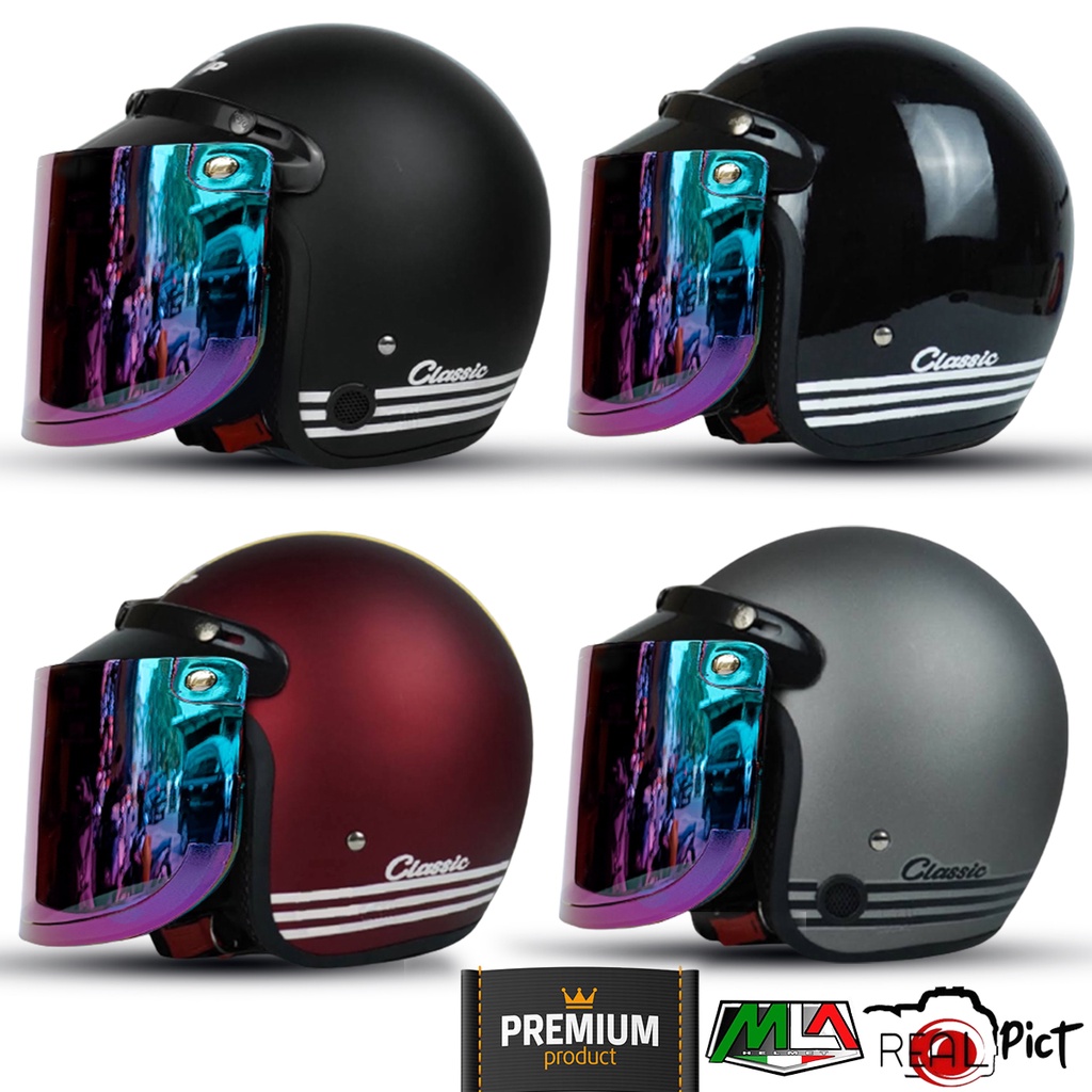 Helm Bogo Retro Classic Pria Dan Wanita Dewasa SNI Murah Harga Pabrik Kualitas Premium Kaca Datar Injak Pelangi Free Packing Dus COD