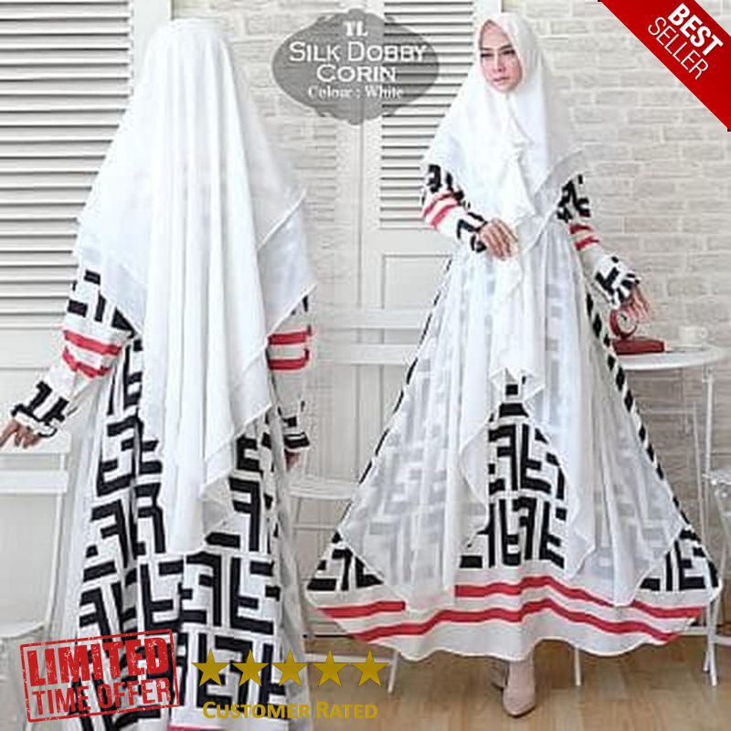 SUPER [Syari Silk Dobby Corin White TL] Gamis Wanita Silk Putih