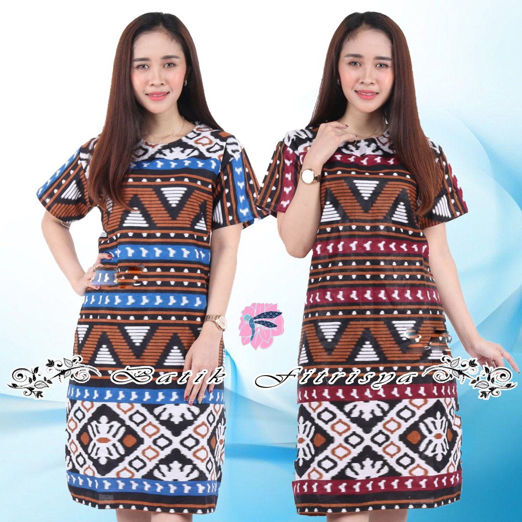 Dress Natal - BATIK WANITA JUMBO 4XL LENGAN PENDEK MOTIF SONGKET TENUN SEGITIGA BIRU COKLAT