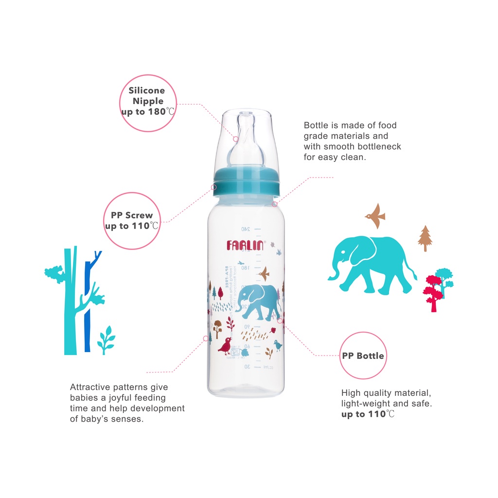 Farlin MomFit PP Standard Neck Feeding Bottle Botol Susu 3+Bulan Motif Pink 240ml