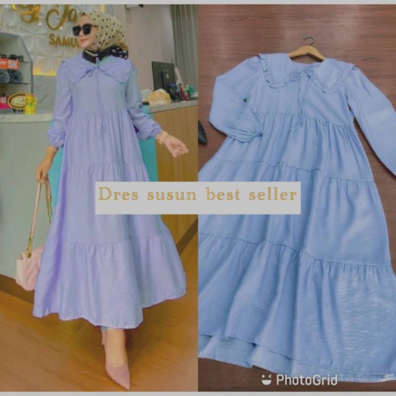 Dress Gamis Dres Polos Midi Susun Rayon Premium Import Kerah Tali Rempel Kualitas Best Seller Motif 2022 Terbaru Sekarang Warna Cerah LD 110 cm-6