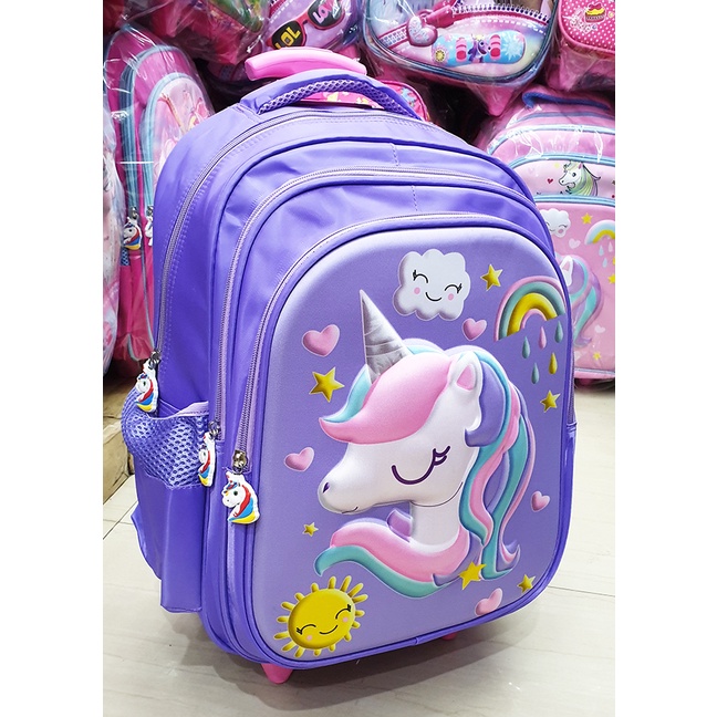 PROMO 10.10 Tas Sekolah Anak SD Perempuan Trolley Dorong Gambar Kuda Pony Pirang EMBOS Timbul 3 Resleting IMPORT ( Sun Lily Cetar Pirang Burung OWL Gogo Cool Laila Gliter Osh 16&quot;  )