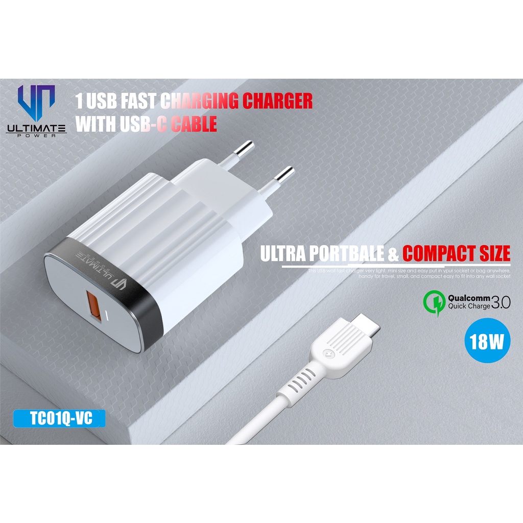 Ultimate TC01Q-VC 1USB Fast Charging Charger 18W QC 3.0 + USB-C Cable