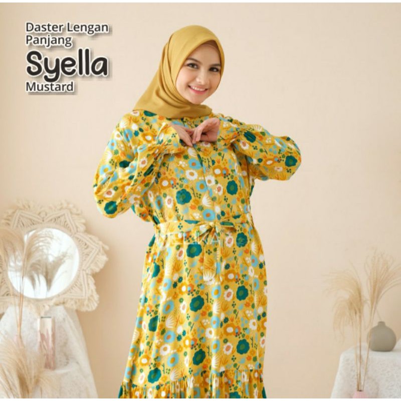 Tunik Dress Wanita Motif Bunga Cantik Kuning Mustard Besar Jumbo Bahan Rayon Lengan Panjang