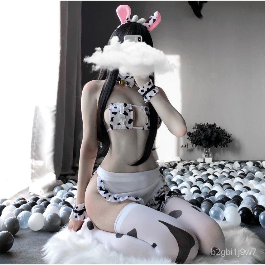 Cute Japanese Girl Sexy Tail Girlfriend Cow Maid Cosplay Costume Tankini Bikini Swimsuit Anime Swimw