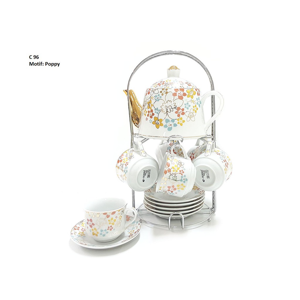 Tea Set C96 (cangkir lepek dan teko) Motif POPPY VICENZA, GRATIS GARANSI PENGIRIMAN SAMPAI LOKASI