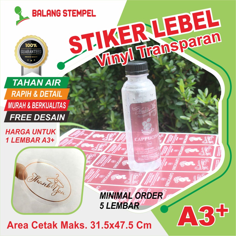 

Cetak Stiker Label Makanan Print Sticker Lebel Kemasan Botol Minuman A3+ Vinyl Transparan + Cutting