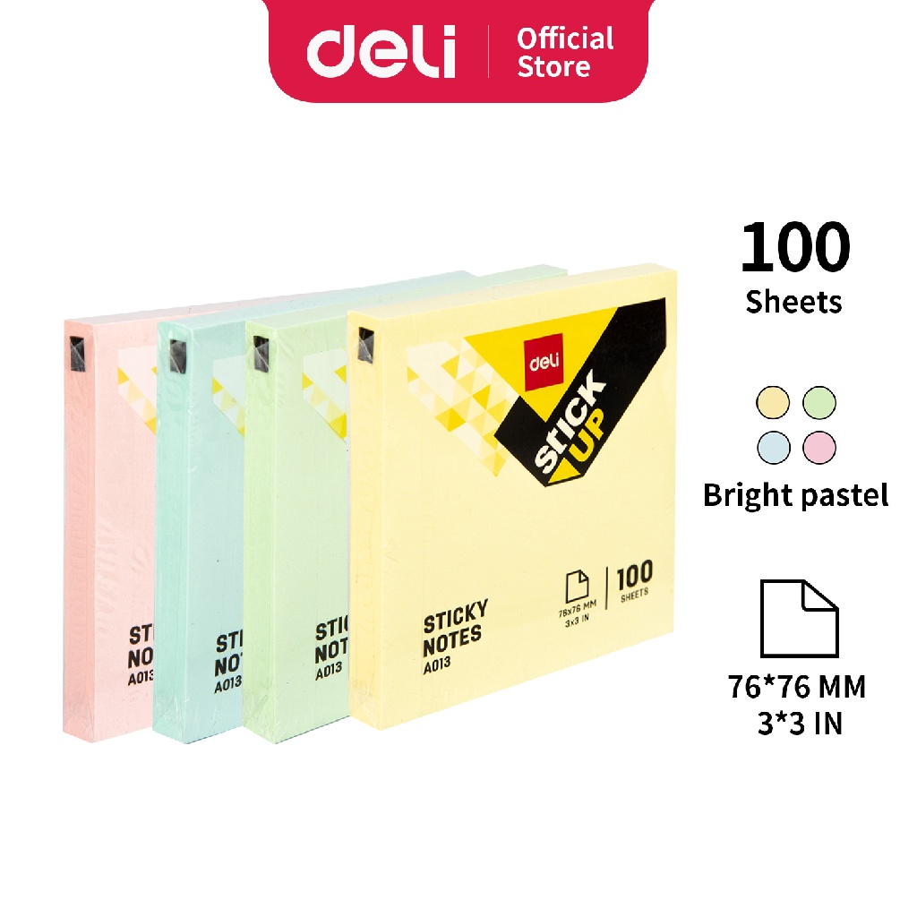 Deli Paket Kombo ATK Ekonomis 8 pcs Sticky Notes Memo Tempel 76mm 4 Warna Gratis Mini Cutter EA01303