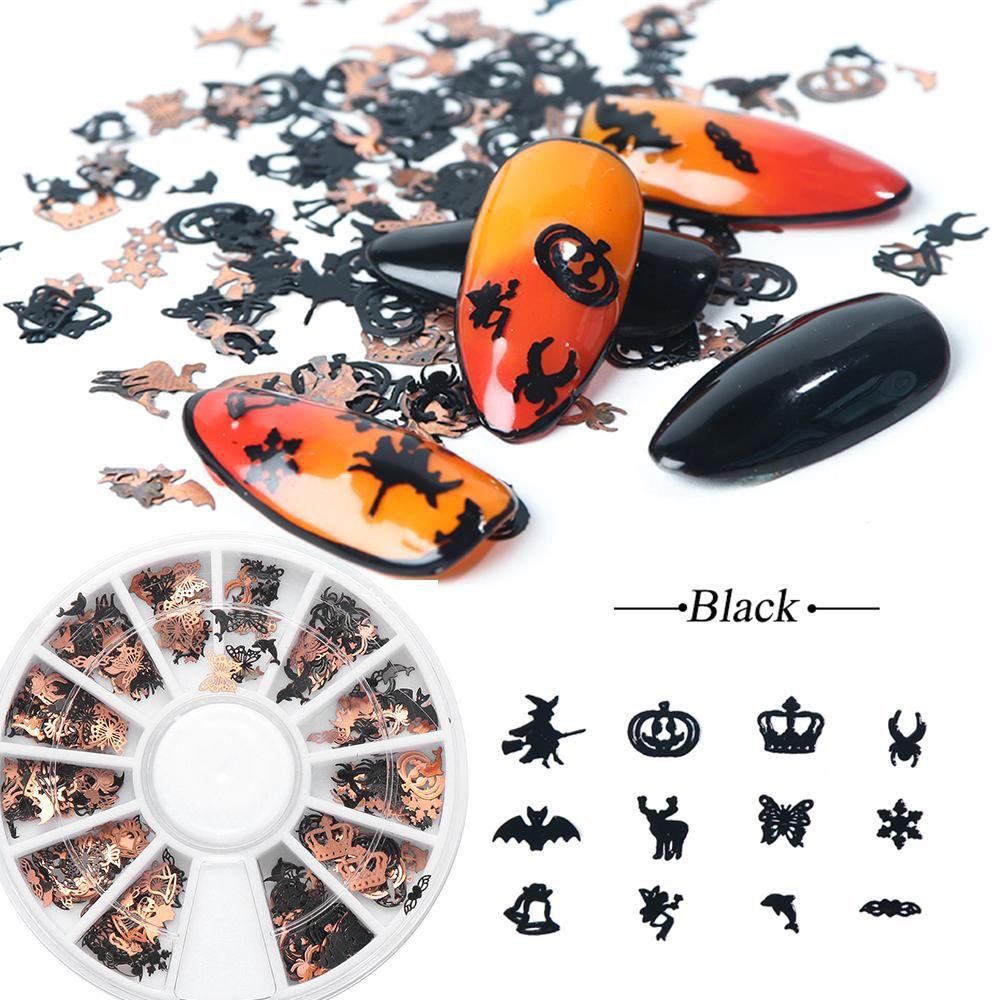 Solighter Halloween Kuku Payet Paillettes Slice Mix Desain Hitam Emas Perhiasan Kuku Nail Art Dekorasi Serpihan Logam