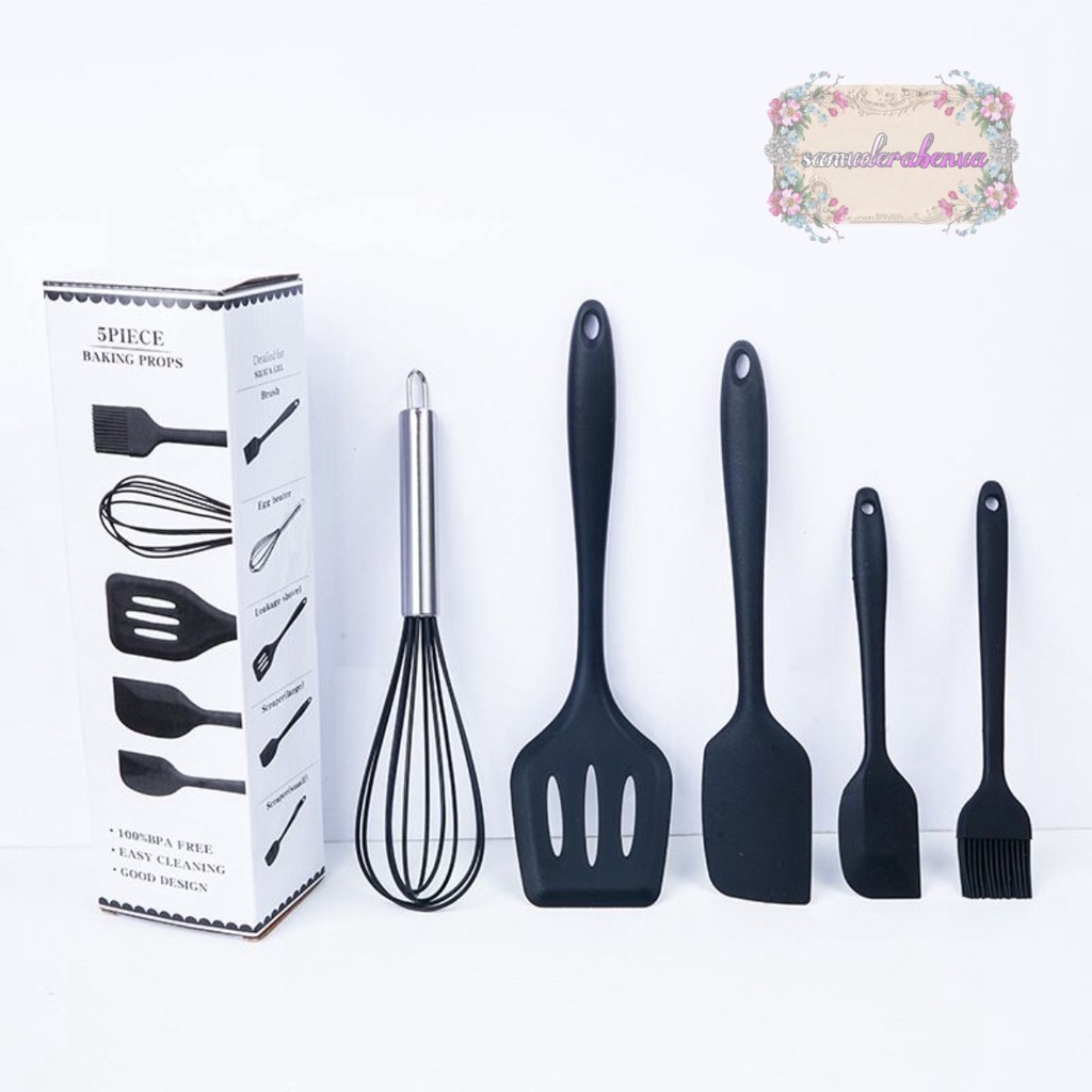 RT81 Alat Masak bahan silikon Silicone Utensil Spatula Cooking Baking Props Set 5pcs Peralatan Masak 5 in 1 Tahan Panas BPA Free SB3465