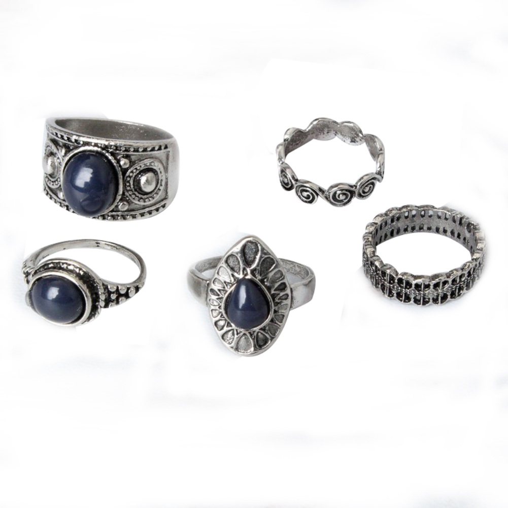 Hu Hu Hu Hu Hu Alat Bantu Pasang Kacamata♡ 5pcs / Set Cincin Alloy Gaya Vintage Bohemia Dengan Batu Biru Untuk Wanita
