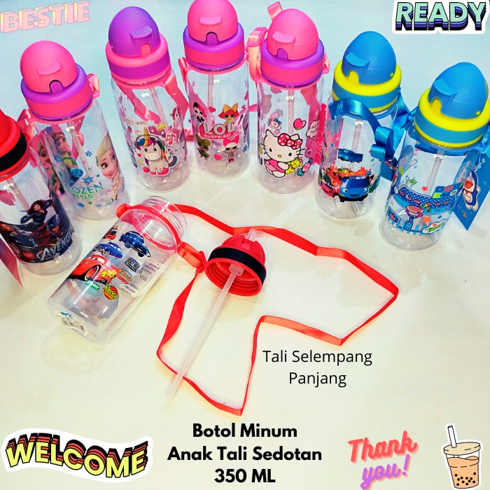 Botol Minum Anak Tali Sedotan Karakter Kartun Imut Lucu 350 ML - Random Motif