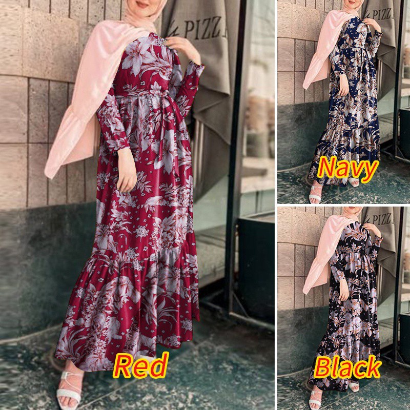 ZANZEA Women Elastic Waist Belted Patchwork Floral Printed Muslim Maxi Dress