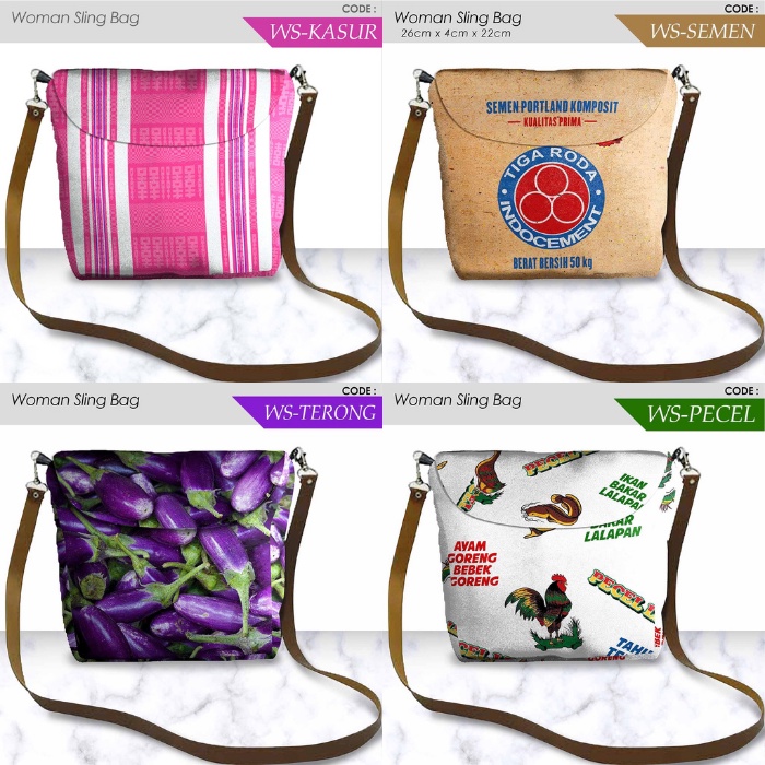 Tas selempang custom sling bag pria wanita unisex motif unik pecel semen terong kasur