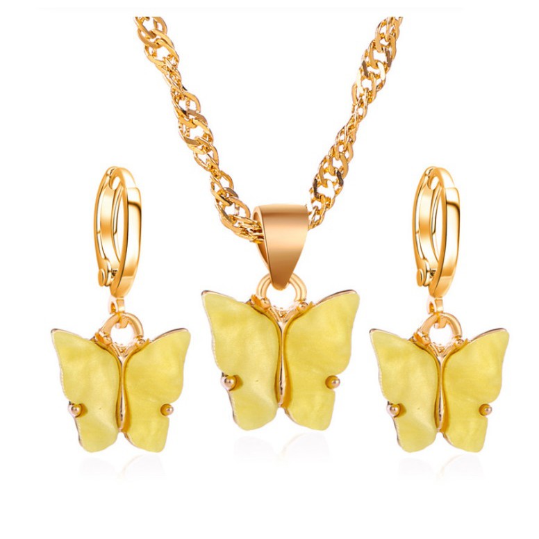 SET Kalung + Liontin + Anting KUPU-KUPU WARNA Korea Fashion Wanita Butterfly Rantai Titanium Alloy