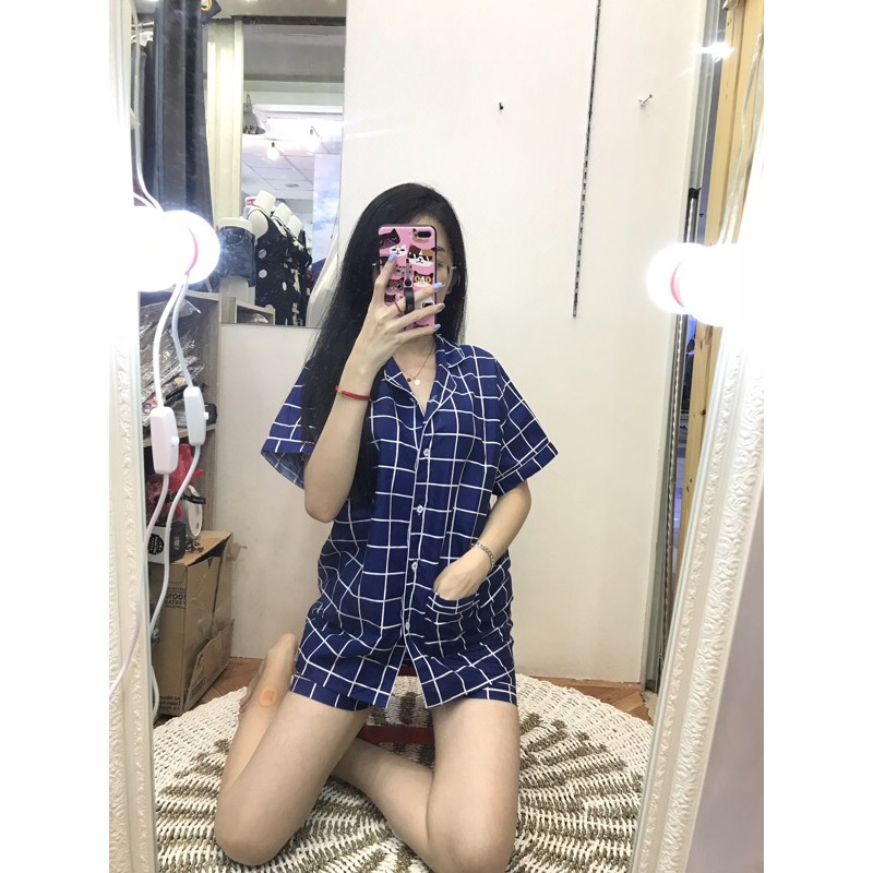 piyama/pajamas kotak&quot; HP katun navy murah.homewear/sleepwear/bajutidur cwe PP tartan biru kekinian