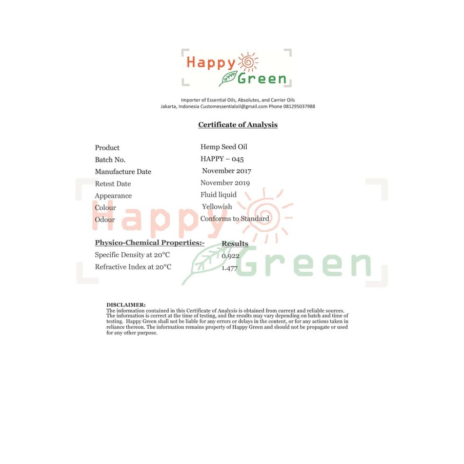 Happy Green Hemp Seed Oil  10 ml     Minyak Biji Fumayin